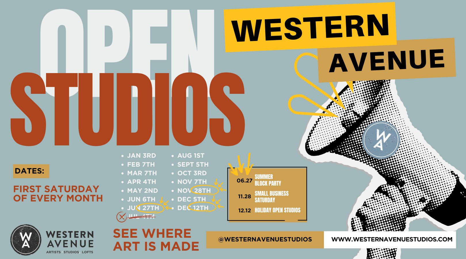 Graphic poster promoting Open Studios at Western Avenue Studios & Lofts. Large bold text reads “Open Studios – Western Avenue.” The design uses muted teal, rust, mustard yellow, and black with a collage-style illustration of a megaphone labeled “WA” on the right, radiating hand-drawn yellow lines. Text states “Dates: First Saturday of Every Month” with a full list of monthly dates from January through December, including special highlighted dates: June 27 (Summer Block Party), November 28 (Small Business Saturday), and December 12 (Holiday Open Studios). Footer includes the Western Avenue Studios & Lofts logo, the tagline “Artists • Studios • Lofts,” the phrase “See Where Art Is Made,” the website westernavenuestudios.com, and the handle @westernavenuestudios.